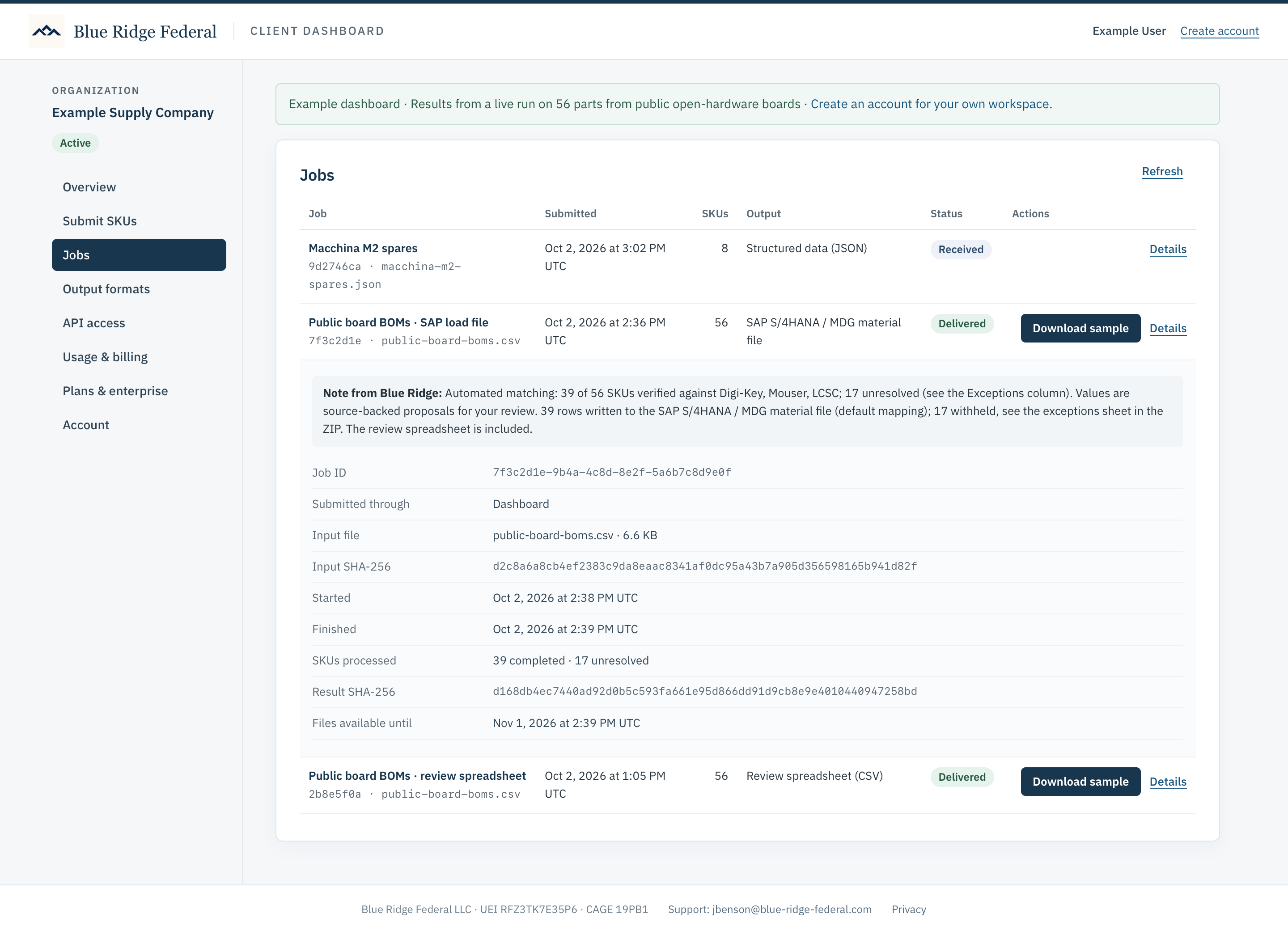 The Jobs screen with the delivered SAP load-file job open: 39 of 56 SKUs verified against Digi-Key, Mouser and LCSC, the input and result SHA-256 fingerprints, and the delivery note