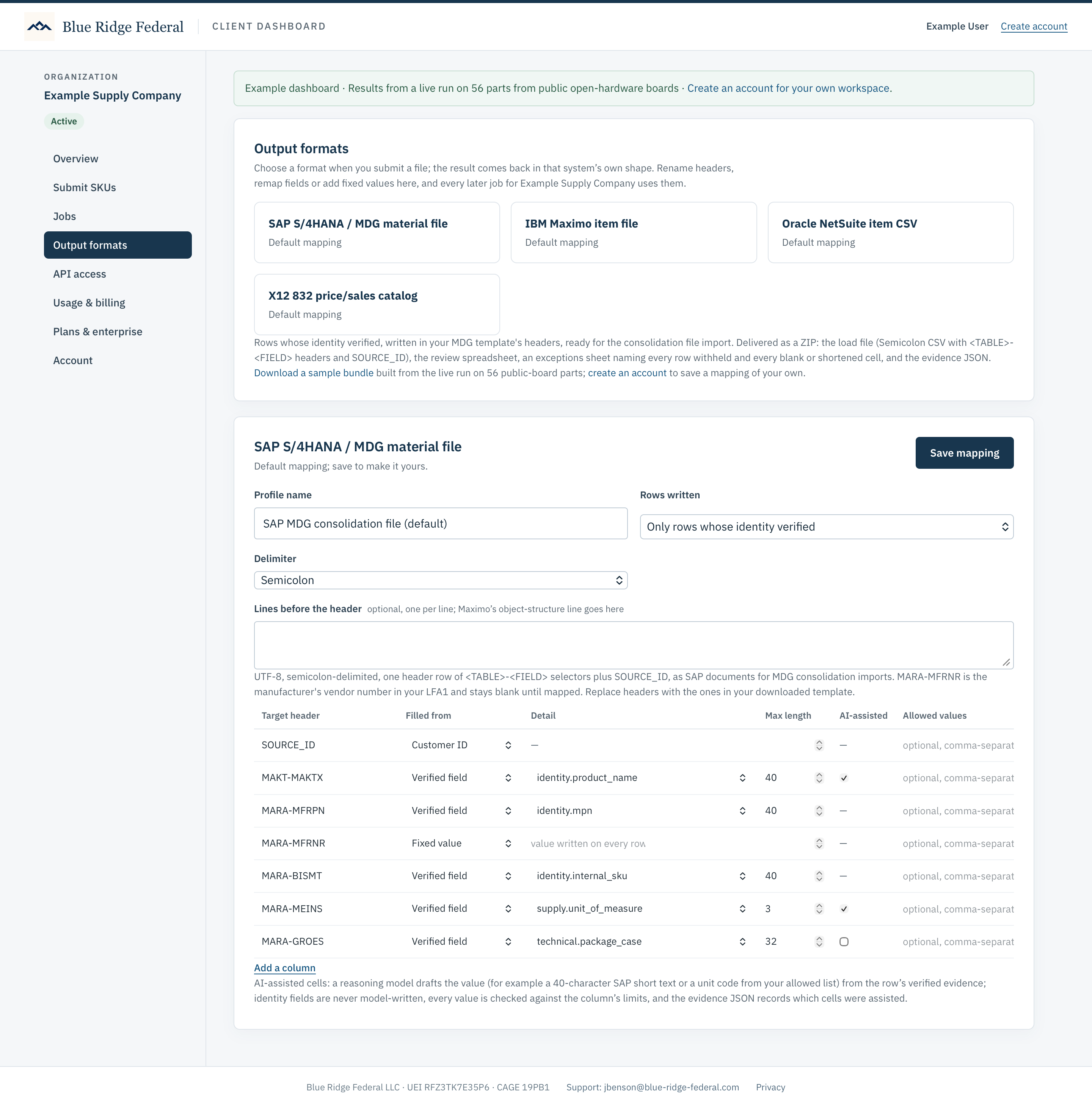 The Output formats screen: four system formats and the SAP MDG mapping table of target headers, the verified field behind each, maximum lengths and AI-assisted flags