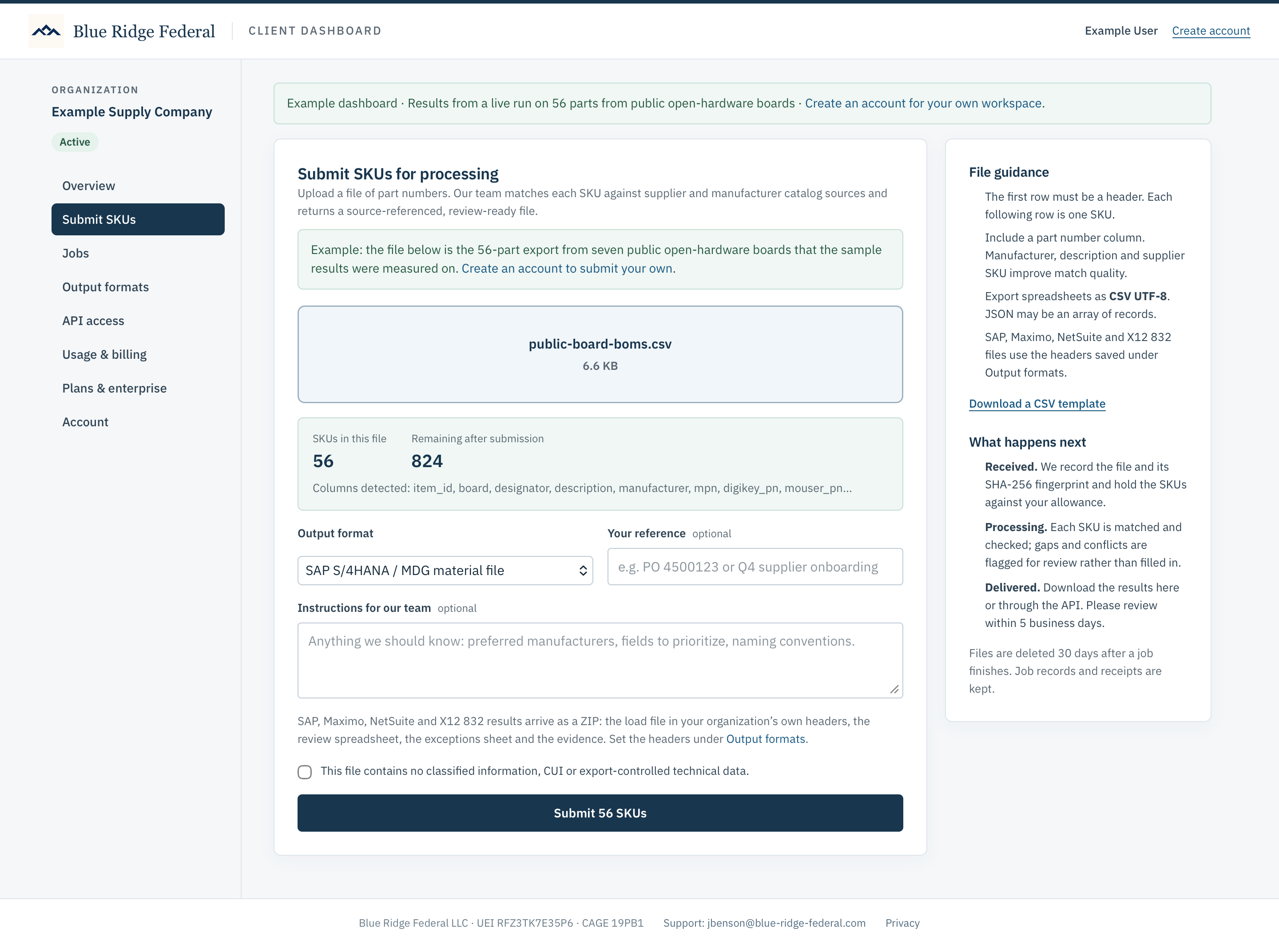 The Submit SKUs form with public-board-boms.csv loaded: 56 SKUs counted, the detected columns listed, and SAP S/4HANA / MDG material file chosen as the output format