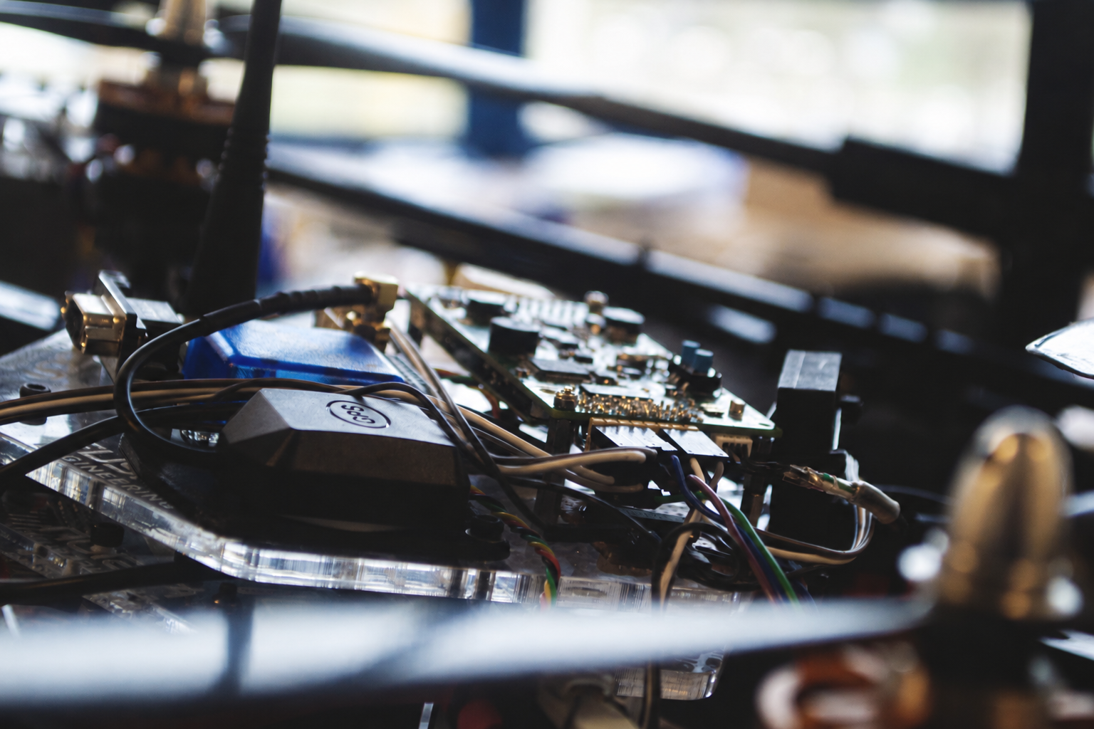 A close-up of a drone’s electronics during inspection