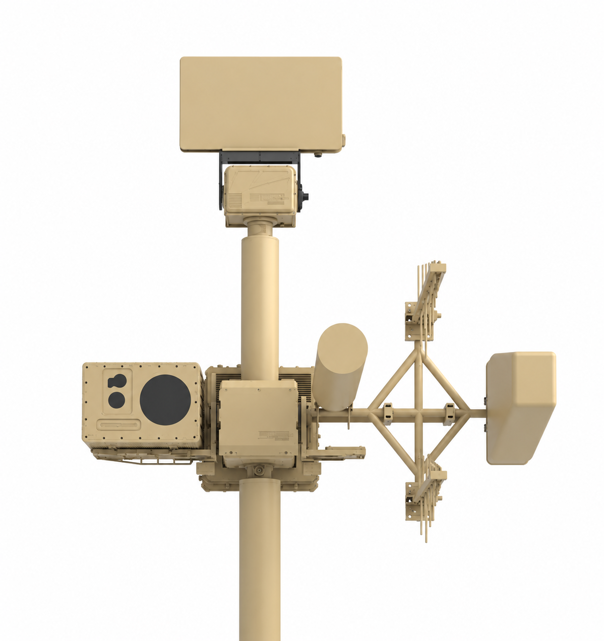 Tan counter-drone sensing equipment with radar and optical sensors