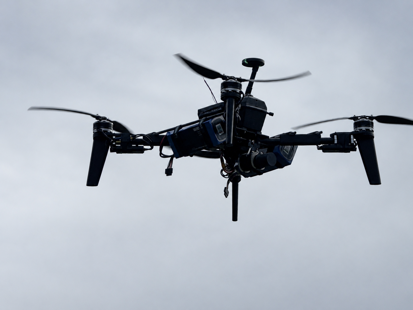A multirotor drone in flight
